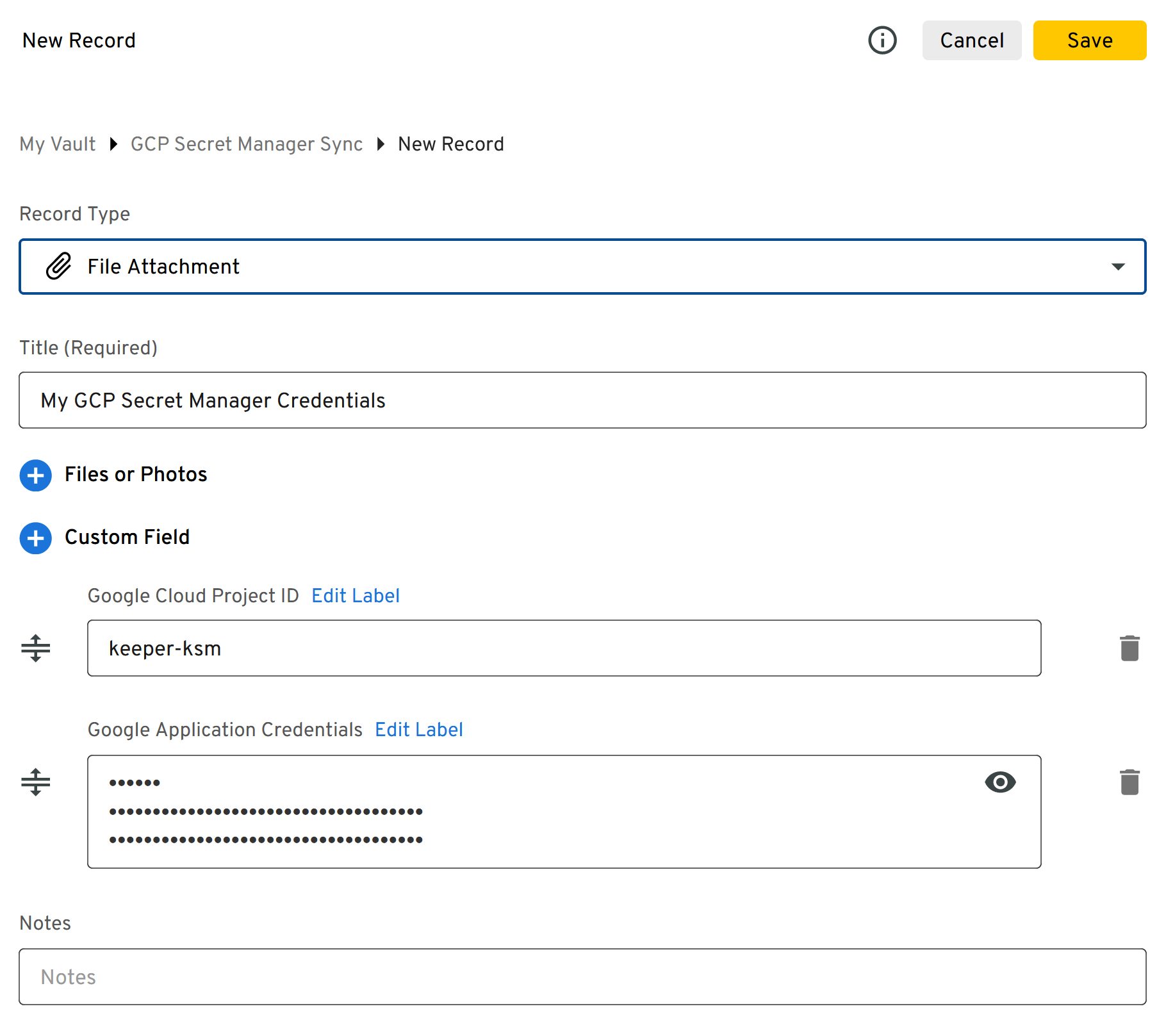 GCP Credentials fields as custom fields