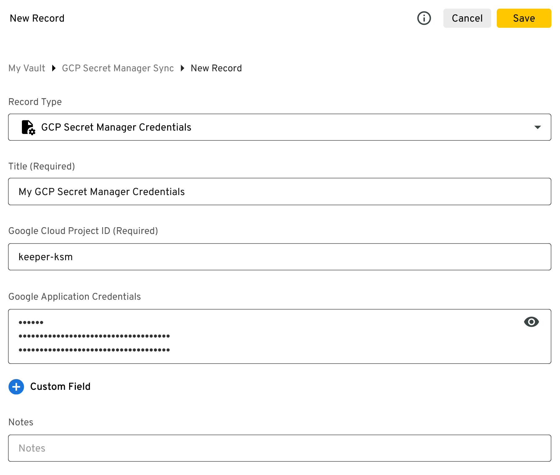 GCP Credentials Record Create