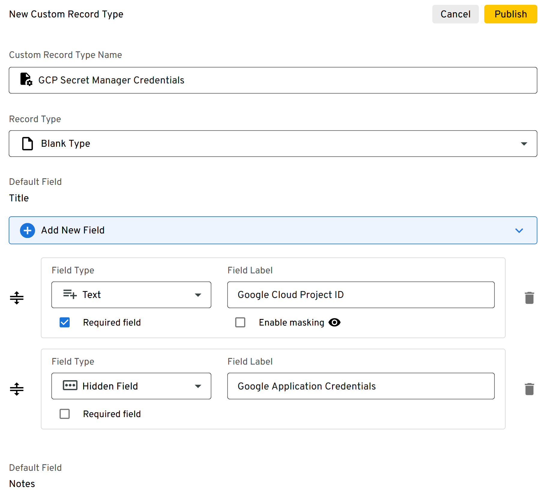 GCP Credentials Record Type Definition